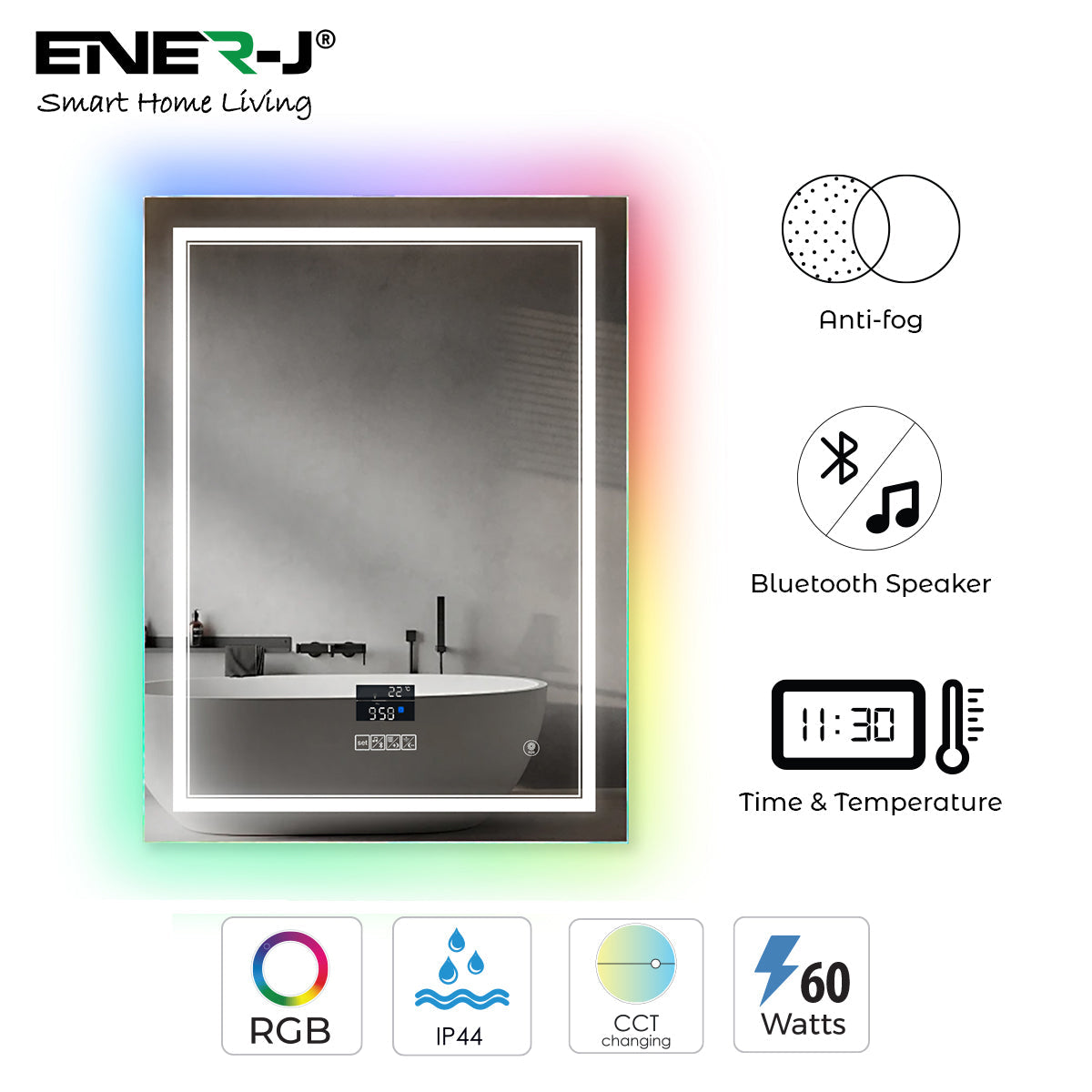 Rectangular LED Bathroom Mirror with Bluetooth Speaker and RGB Border – Anti-Fog Heated Demister, CCT Lighting, IP44