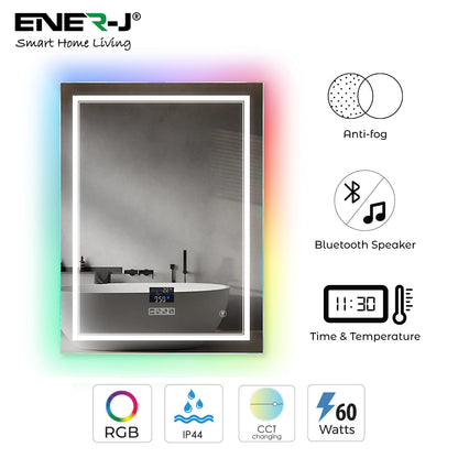 Rectangular LED Bathroom Mirror with Bluetooth Speaker and RGB Border – Anti-Fog Heated Demister, CCT Lighting, IP44