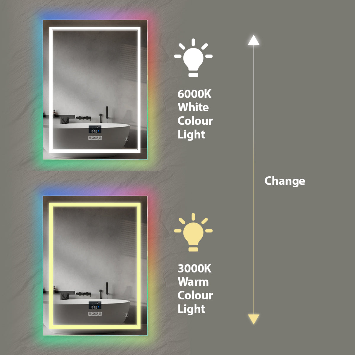 Rectangular LED Bathroom Mirror with Bluetooth Speaker and RGB Border – Anti-Fog Heated Demister, CCT Lighting, IP44