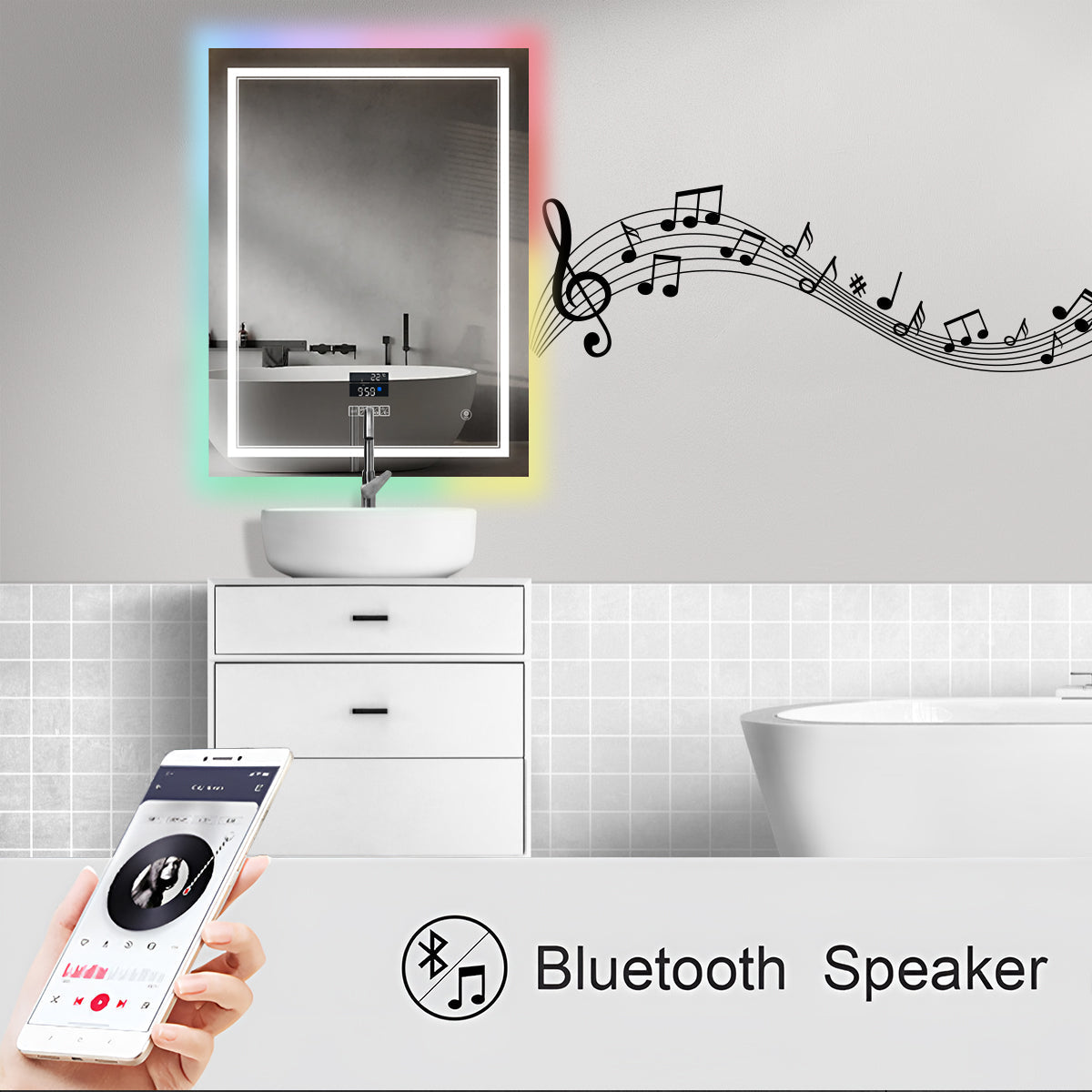 Rectangular LED Bathroom Mirror with Bluetooth Speaker and RGB Border – Anti-Fog Heated Demister, CCT Lighting, IP44