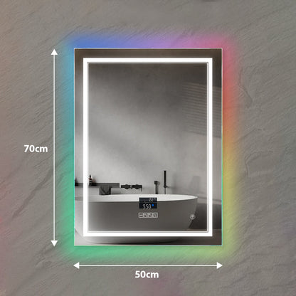 Rectangular LED Bathroom Mirror with Bluetooth Speaker and RGB Border – Anti-Fog Heated Demister, CCT Lighting, IP44