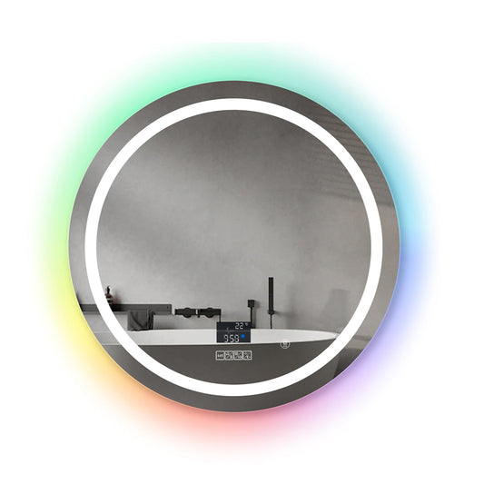 70cm Round LED Bathroom Mirror with Bluetooth Speaker – RGB Backlit Border and CCT Lighting