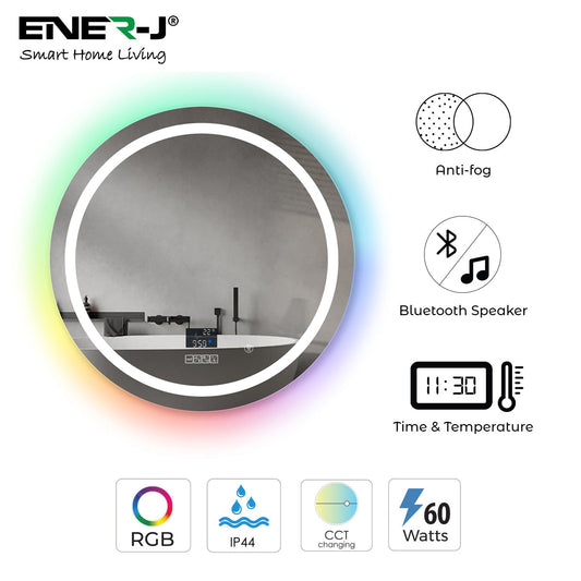 70cm Round LED Bathroom Mirror with Bluetooth Speaker – RGB Backlit Border and CCT Lighting