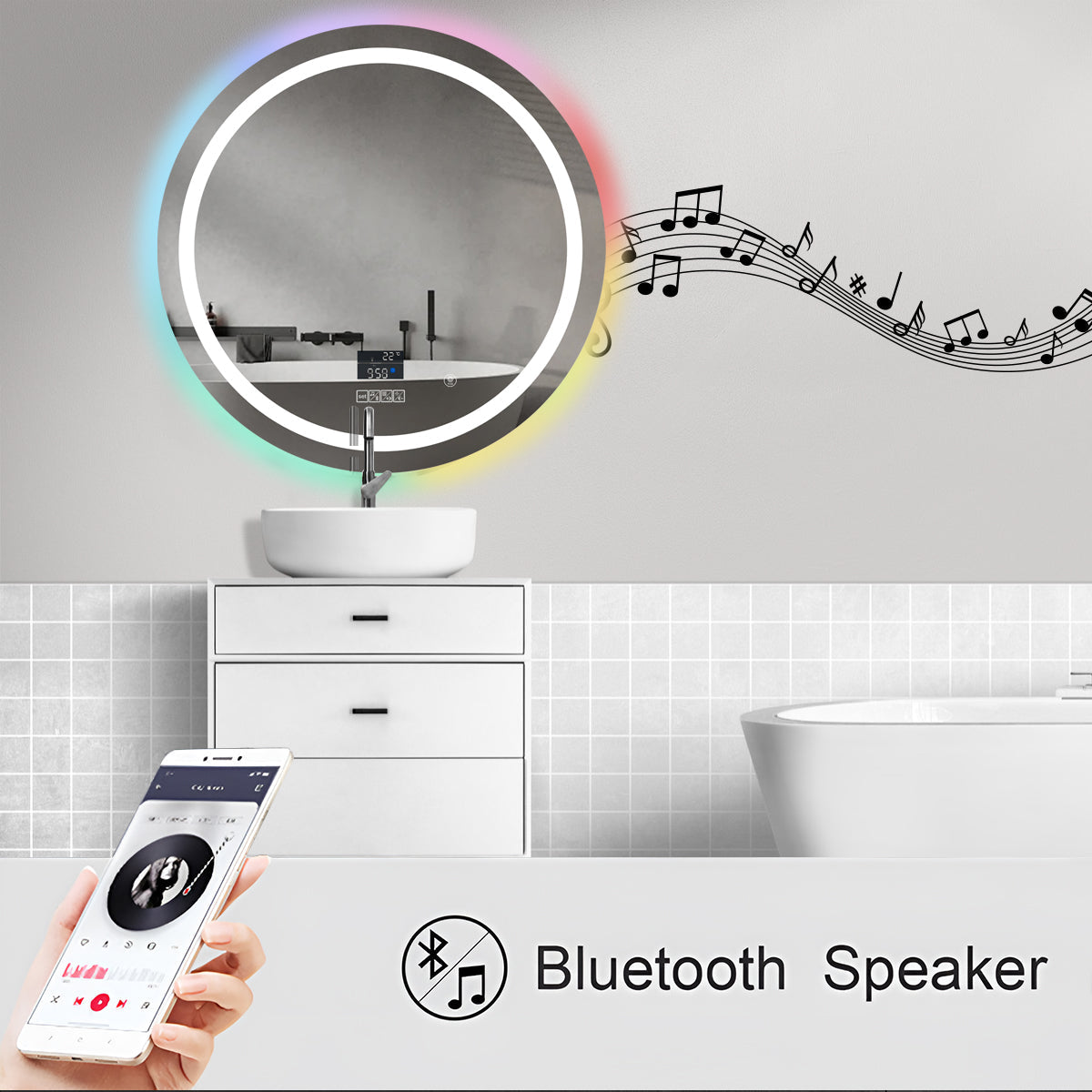 70cm Round LED Bathroom Mirror with Bluetooth Speaker – RGB Backlit Border and CCT Lighting