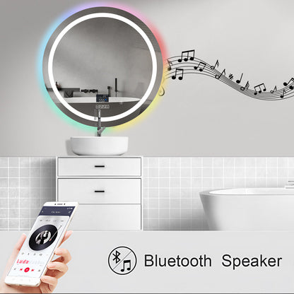 70cm Round LED Bathroom Mirror with Bluetooth Speaker – RGB Backlit Border and CCT Lighting