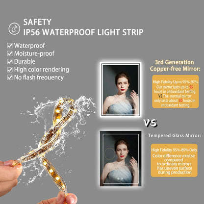 Rectangular Illuminated LED Bathroom Mirror – Wall-Mounted Anti-Fog Vanity Makeup Mirror with 3 Colour Touch Light