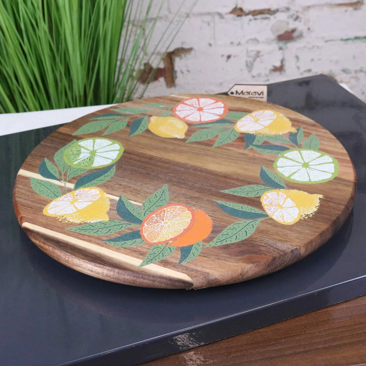 Saitras Acacia Wood Lazy Susan 35 cm, Citrus Design