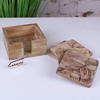 Saitras Mango Wood Coasters with Holder, Engraved Citrus, Set of 4