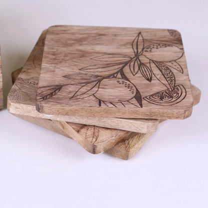 Saitras Mango Wood Coasters with Holder, Engraved Citrus, Set of 4