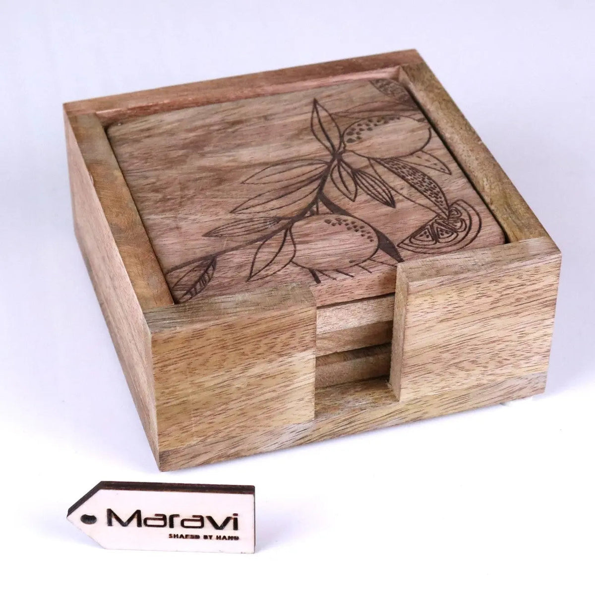 Saitras Mango Wood Coasters with Holder, Engraved Citrus, Set of 4
