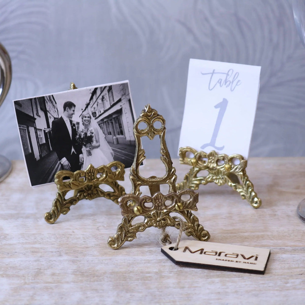 Saramati Antiqued Brass Mini Easel Stands, Set of 3