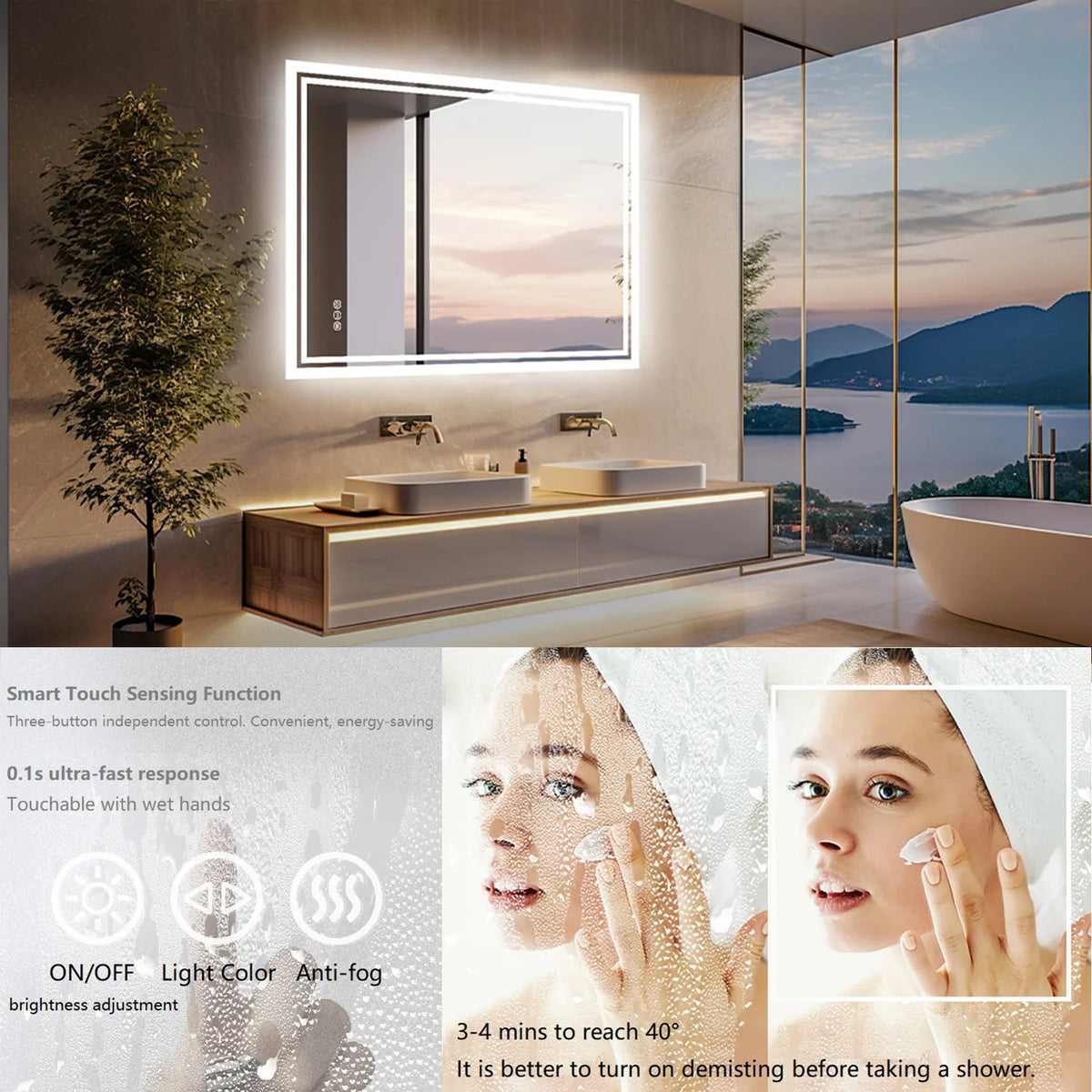 Rectangular Illuminated LED Bathroom Mirror – Wall-Mounted Anti-Fog Vanity Makeup Mirror with 3 Colour Touch Light