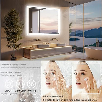 Rectangular Illuminated LED Bathroom Mirror – Wall-Mounted Anti-Fog Vanity Makeup Mirror with 3 Colour Touch Light