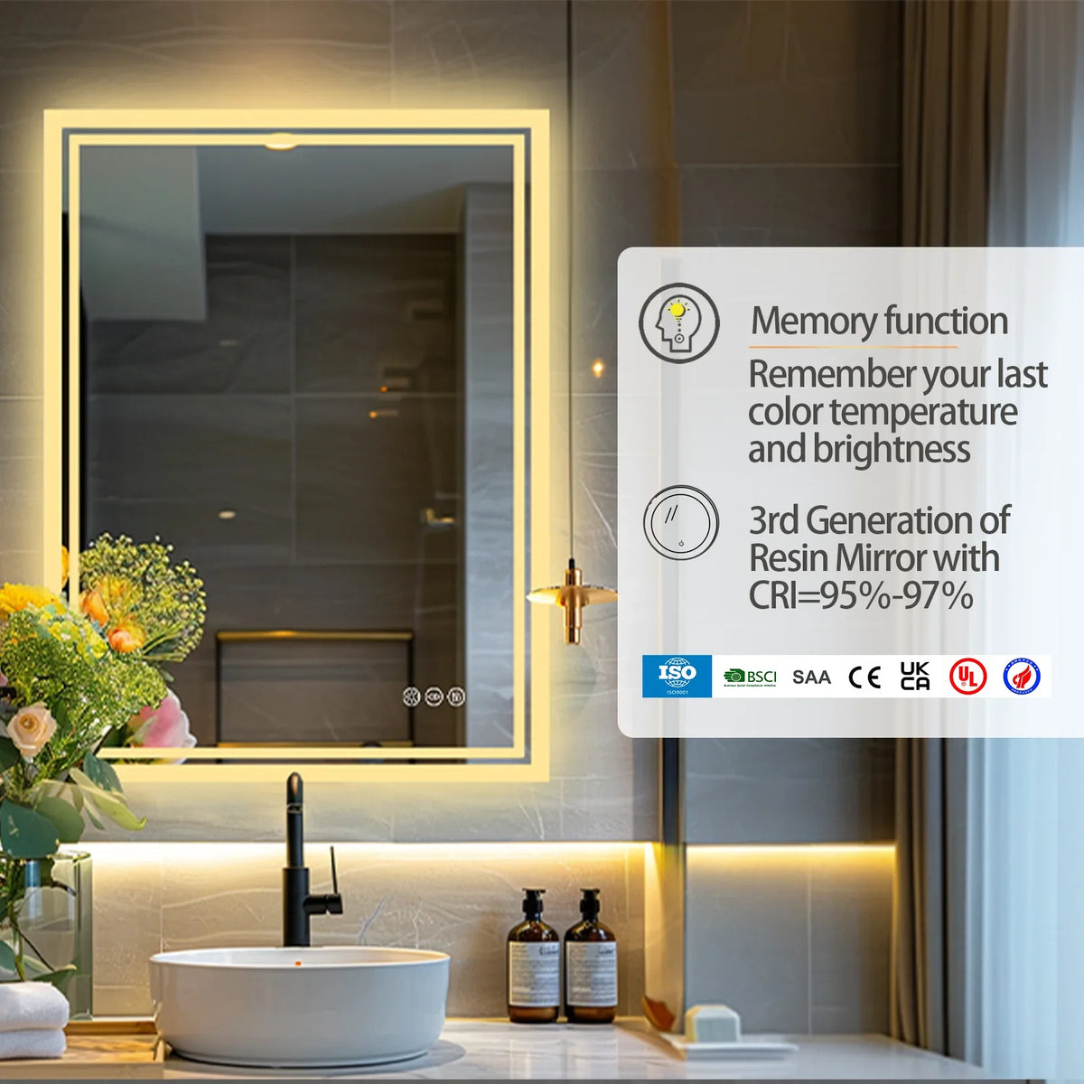 Rectangular Illuminated LED Bathroom Mirror – Wall-Mounted Anti-Fog Vanity Makeup Mirror with 3 Colour Touch Light