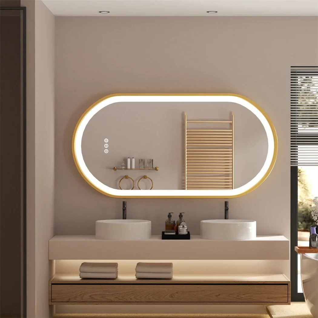 LUVODI Luxury Oval LED Illuminated Bathroom Mirror – Gold Aluminium Frame with Demister Pad