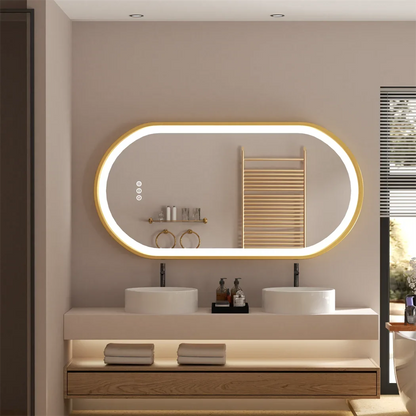 LUVODI Luxury Oval LED Illuminated Bathroom Mirror – Gold Aluminium Frame with Demister Pad