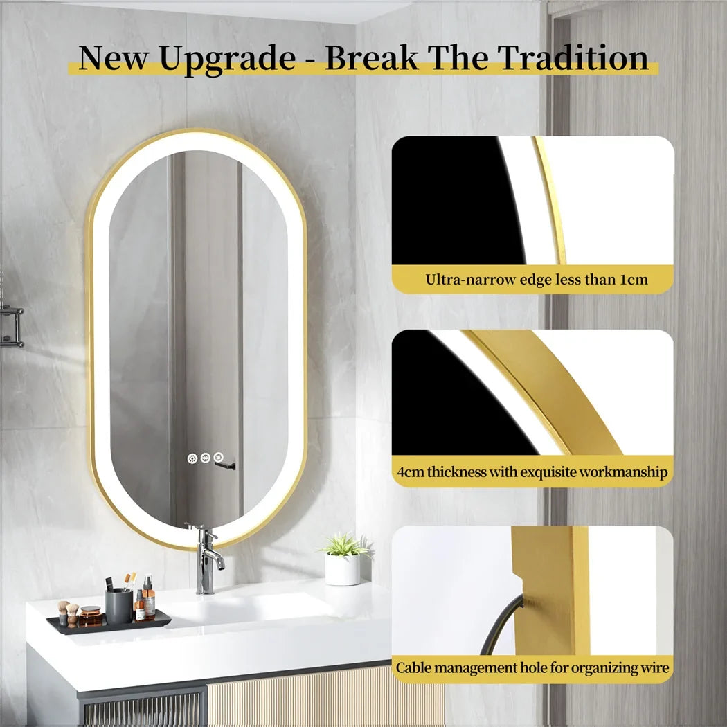 LUVODI Luxury Oval LED Illuminated Bathroom Mirror – Gold Aluminium Frame with Demister Pad