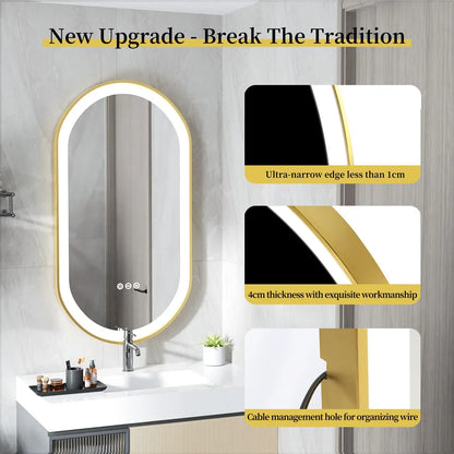 LUVODI Luxury Oval LED Illuminated Bathroom Mirror – Gold Aluminium Frame with Demister Pad