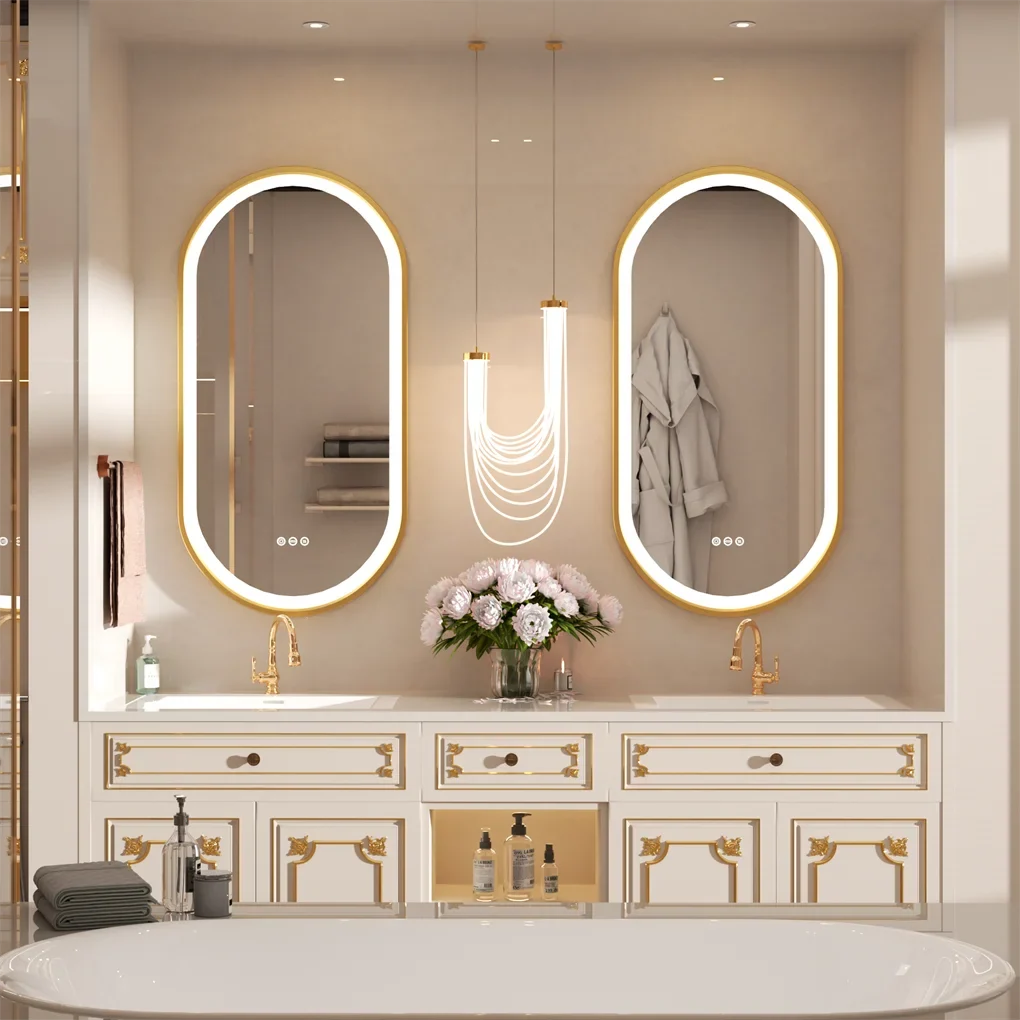 LUVODI Luxury Oval LED Illuminated Bathroom Mirror – Gold Aluminium Frame with Demister Pad