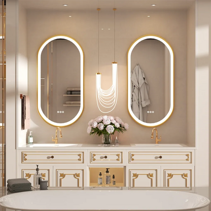 LUVODI Luxury Oval LED Illuminated Bathroom Mirror – Gold Aluminium Frame with Demister Pad