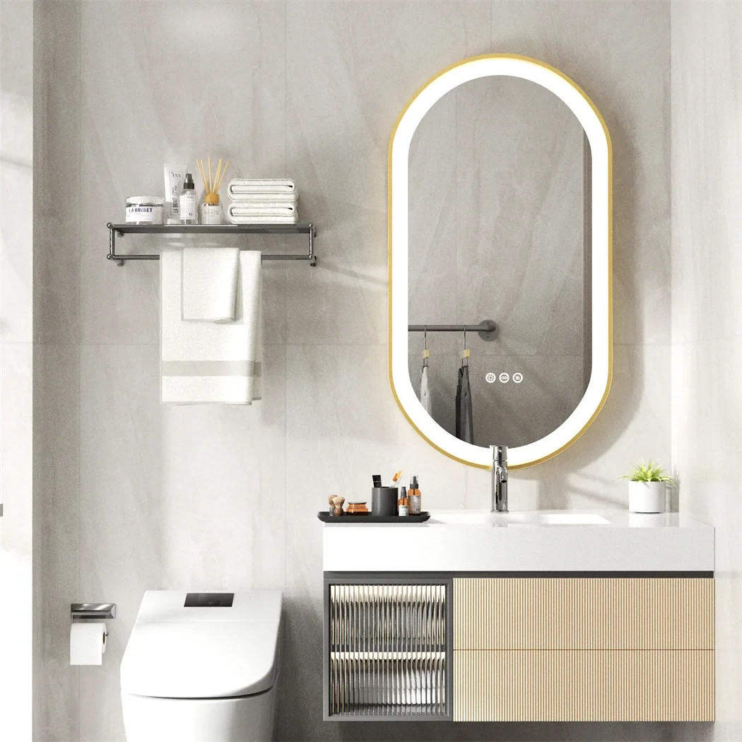 LUVODI Luxury Oval LED Illuminated Bathroom Mirror – Gold Aluminium Frame with Demister Pad