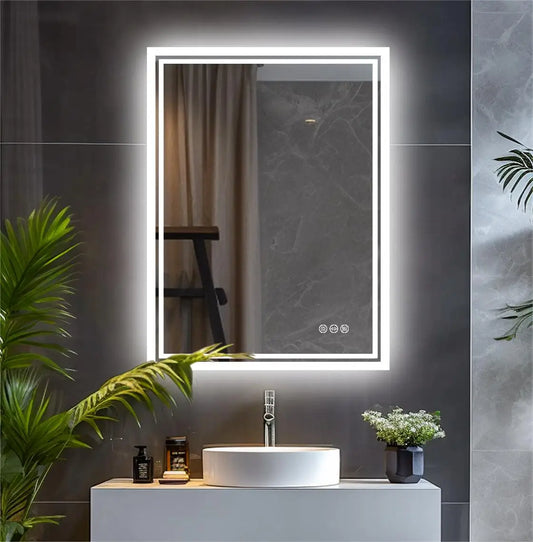Rectangular Illuminated LED Bathroom Mirror – Wall-Mounted Anti-Fog Vanity Makeup Mirror with 3 Colour Touch Light