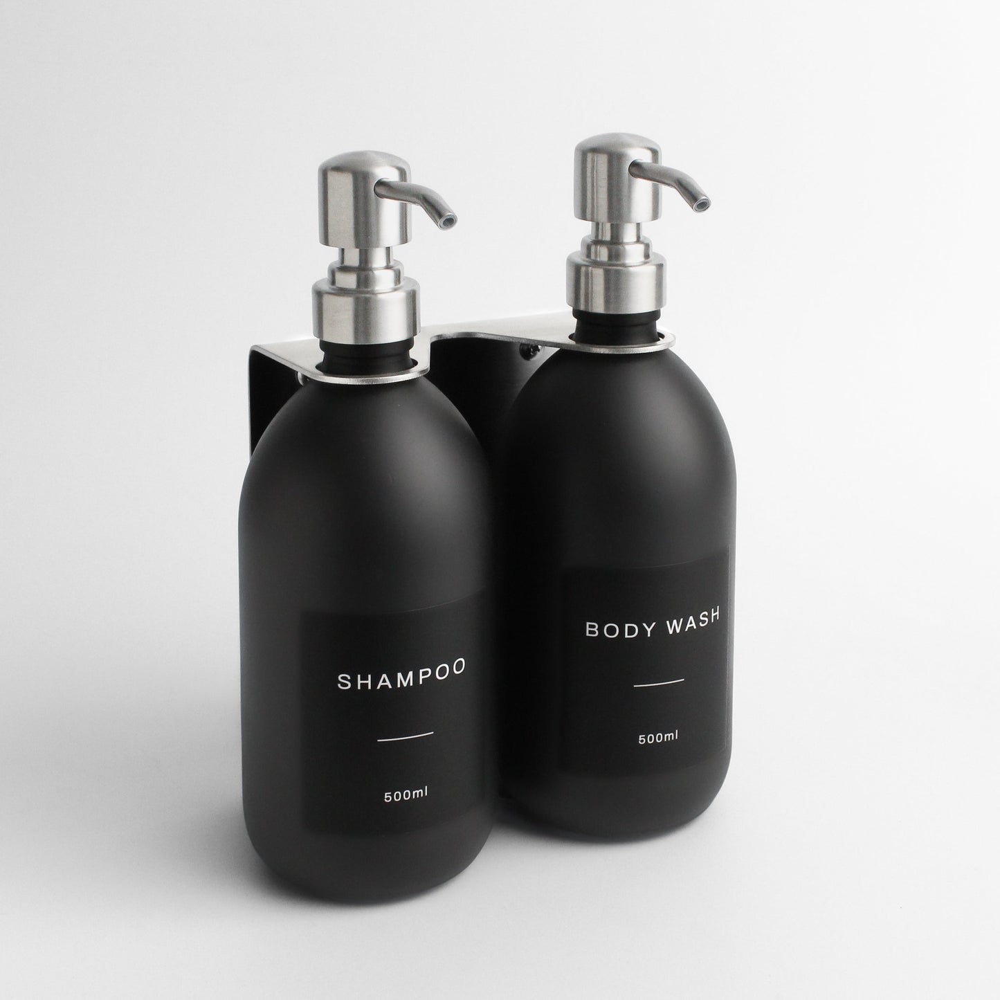 Namie Silver Wall Mounted Dispenser Bracket Set with Matte Black Bottles
