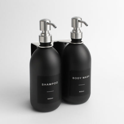 Namie Silver Wall Mounted Dispenser Bracket Set with Matte Black Bottles