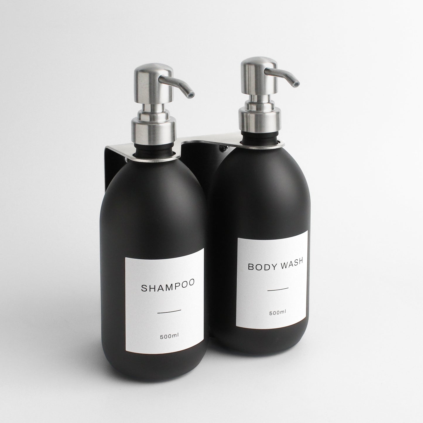 Namie Silver Wall Mounted Dispenser Bracket Set with Matte Black Bottles