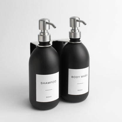 Namie Silver Wall Mounted Dispenser Bracket Set with Matte Black Bottles