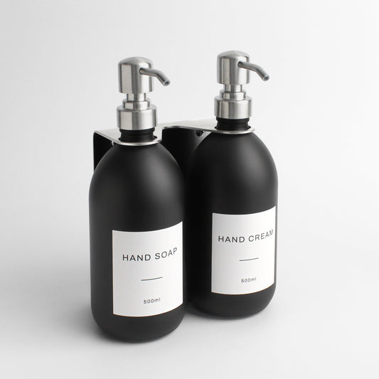 Namie Silver Wall Mounted Dispenser Bracket Set with Matte Black Bottles
