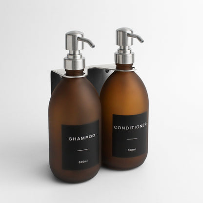 Namie Silver Wall Mounted Dispenser Bracket Set with Frosted Amber Glass Bottles