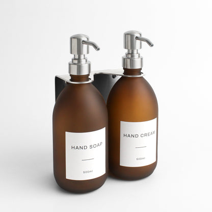 Namie Silver Wall Mounted Dispenser Bracket Set with Frosted Amber Glass Bottles