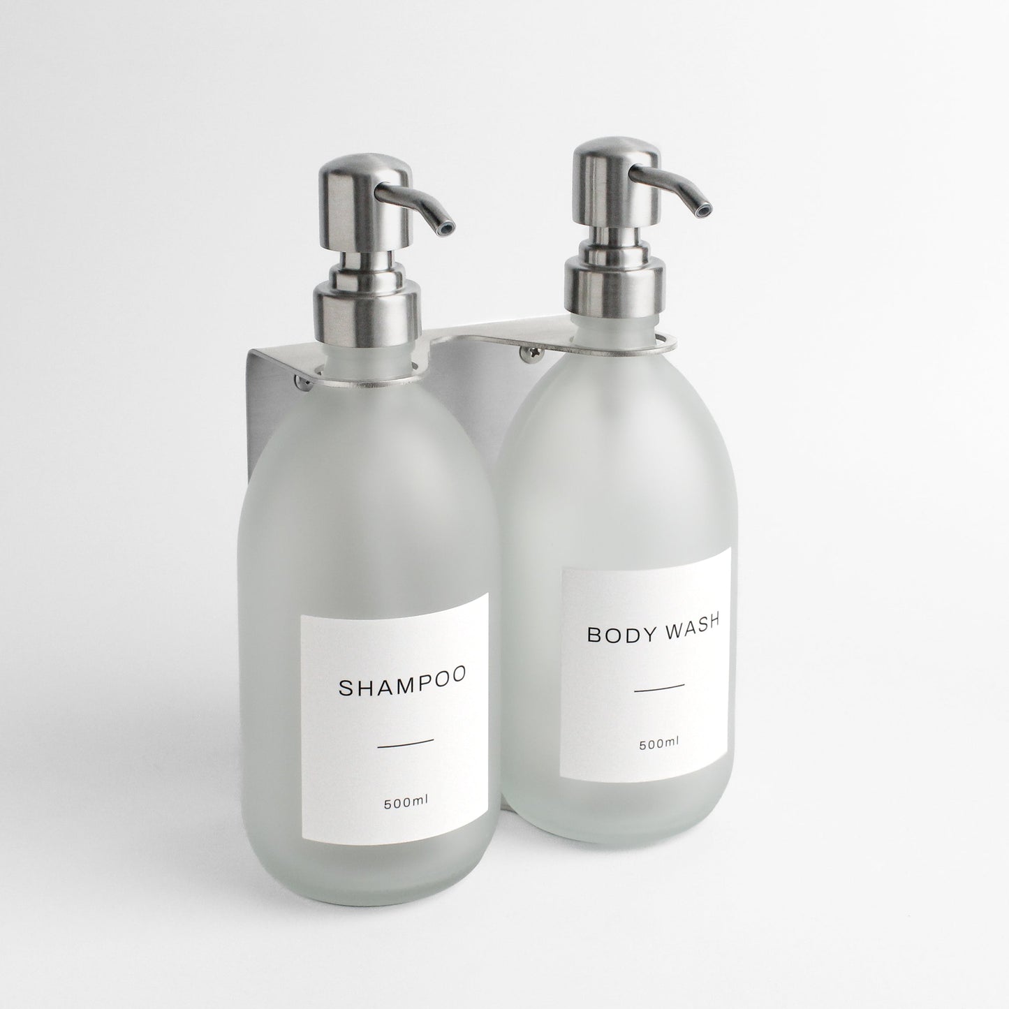 Namie Silver Wall Mounted Dispenser Bracket Set with Frosted White Glass Bottles