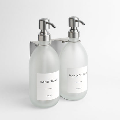 Namie Silver Wall Mounted Dispenser Bracket Set with Frosted White Glass Bottles