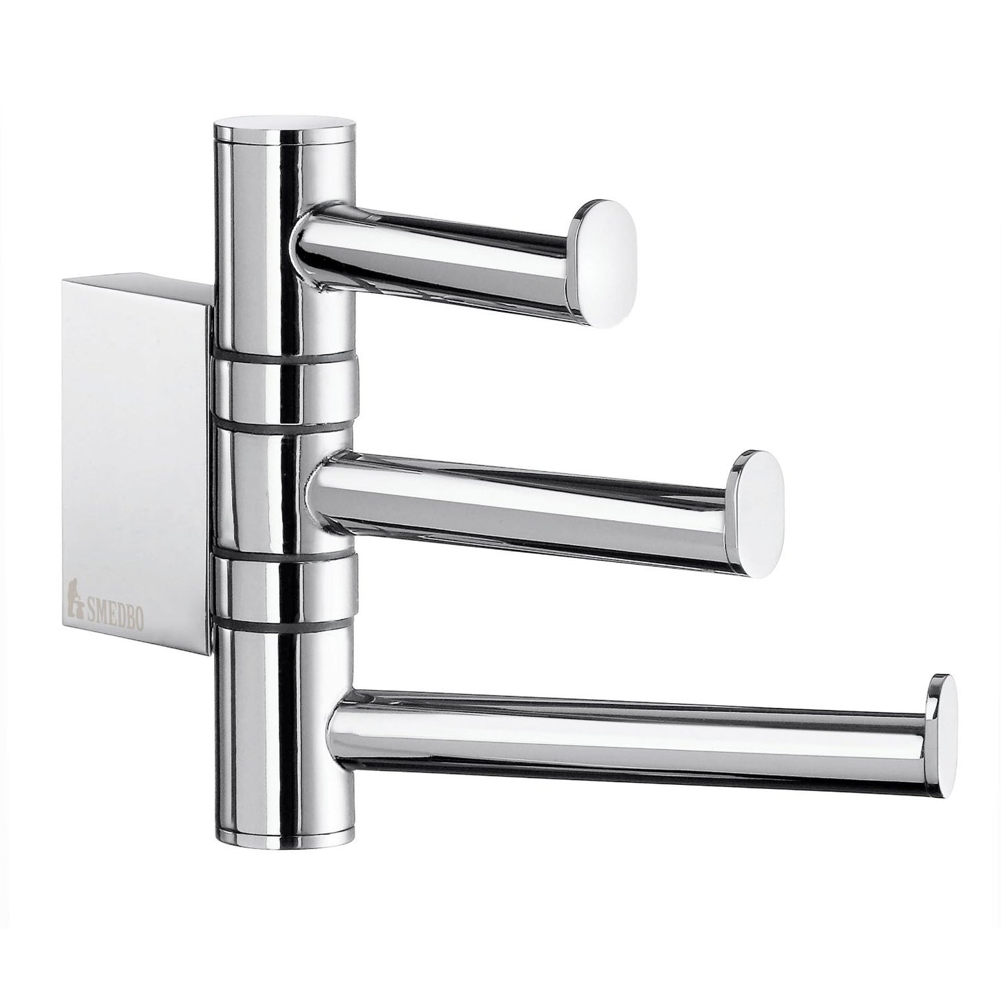 Smedbo Air AK327 Triple Swing Arm Hook — Polished Chrome Three Independently Pivoting Arms with Square Wall Bracket