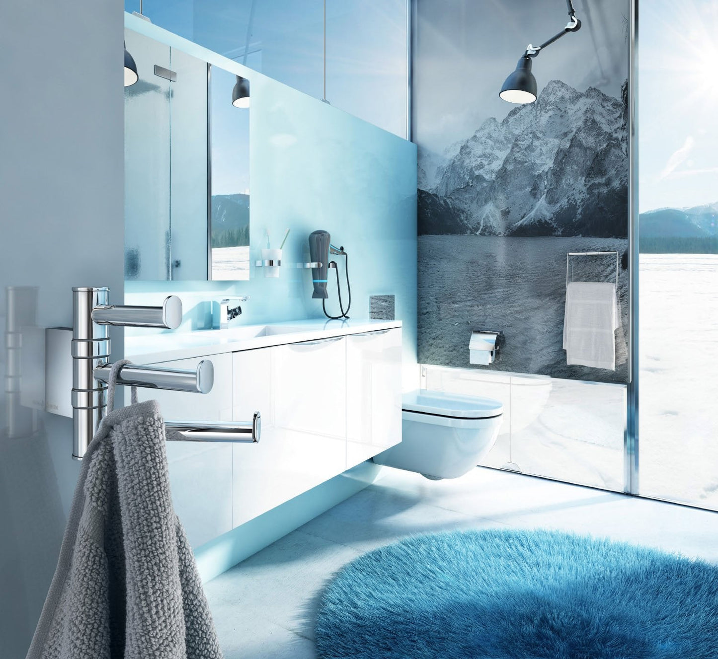Smedbo Air AK327 Triple Swing Arm Hook — in bathroom setting with towel