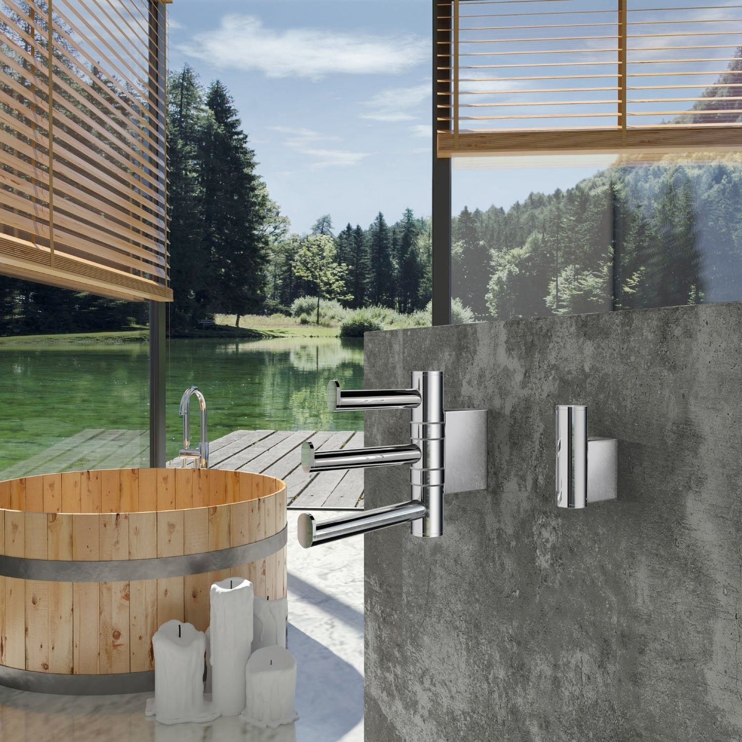 Modern bathroom with wooden tub and wall-mounted swing triple hook overlooking a lake.