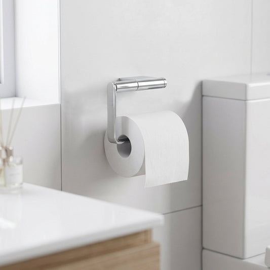 Smedbo Air AK341 Open-Frame Toilet Roll Holder — Polished Chrome C-Frame with Rectangular Wall Bracket in bathroom setting with toilet roll loaded