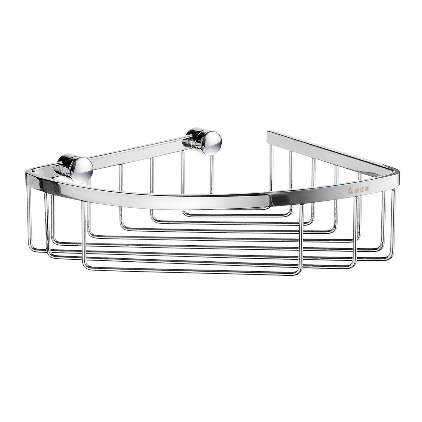 Smedbo Sideline DK2021 Angular Corner Shower Basket — Polished Chrome Flat Square-Bar Frame with Curved Front Arc, 195 mm