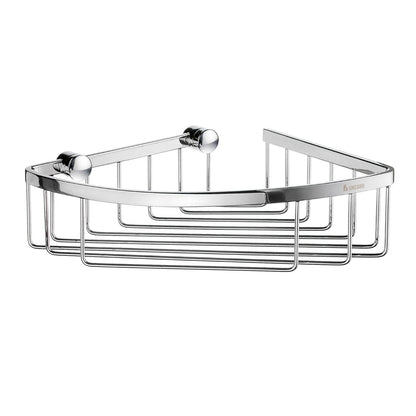 Smedbo Sideline DK2021 Angular Corner Shower Basket — Polished Chrome Flat Square-Bar Frame with Curved Front Arc, 195 mm