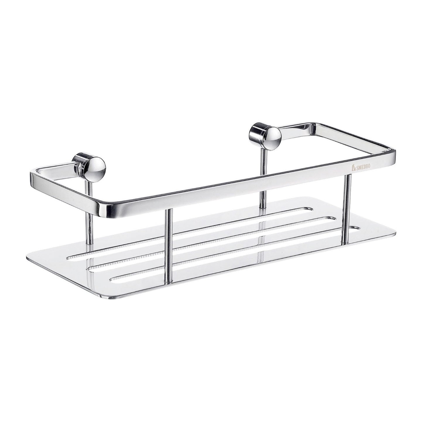 Smedbo Sideline DK3001 Wall-Mounted Shower Basket — Polished Chrome Angular Frame with Solid Perforated Tray Floor, 250 mm Wide