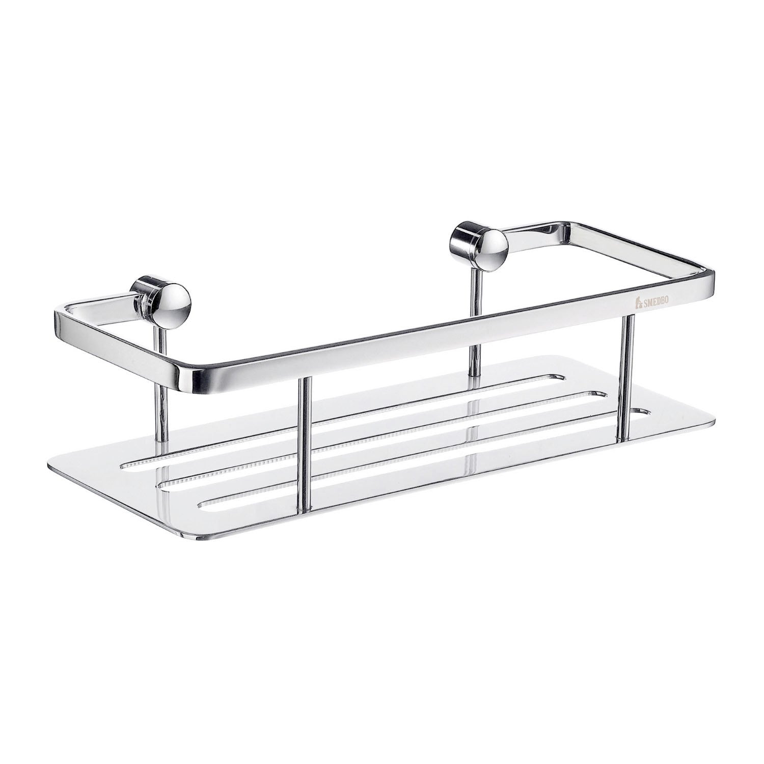 Smedbo Sideline DK3001 Wall-Mounted Shower Basket — Polished Chrome Angular Frame with Solid Perforated Tray Floor, 250 mm Wide