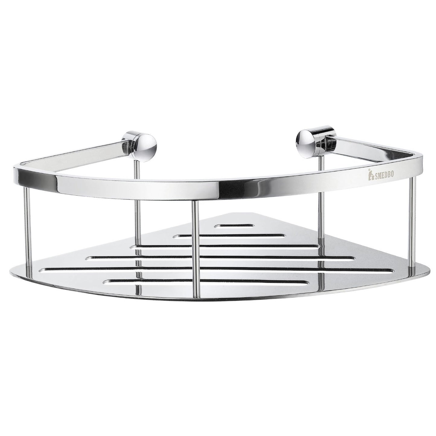 Smedbo Sideline DK3031 Triangular Corner Shower Basket — Polished Chrome Curved Front Rail with Solid Perforated Tray Floor, 270 mm Front Arc