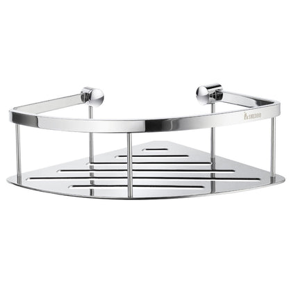 Smedbo Sideline DK3031 Triangular Corner Shower Basket — Polished Chrome Curved Front Rail with Solid Perforated Tray Floor, 270 mm Front Arc