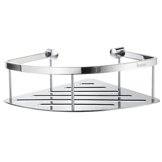 Smedbo Sideline DK3031 Triangular Corner Shower Basket — Polished Chrome Curved Front Rail with Solid Perforated Tray Floor, 270 mm Front Arc