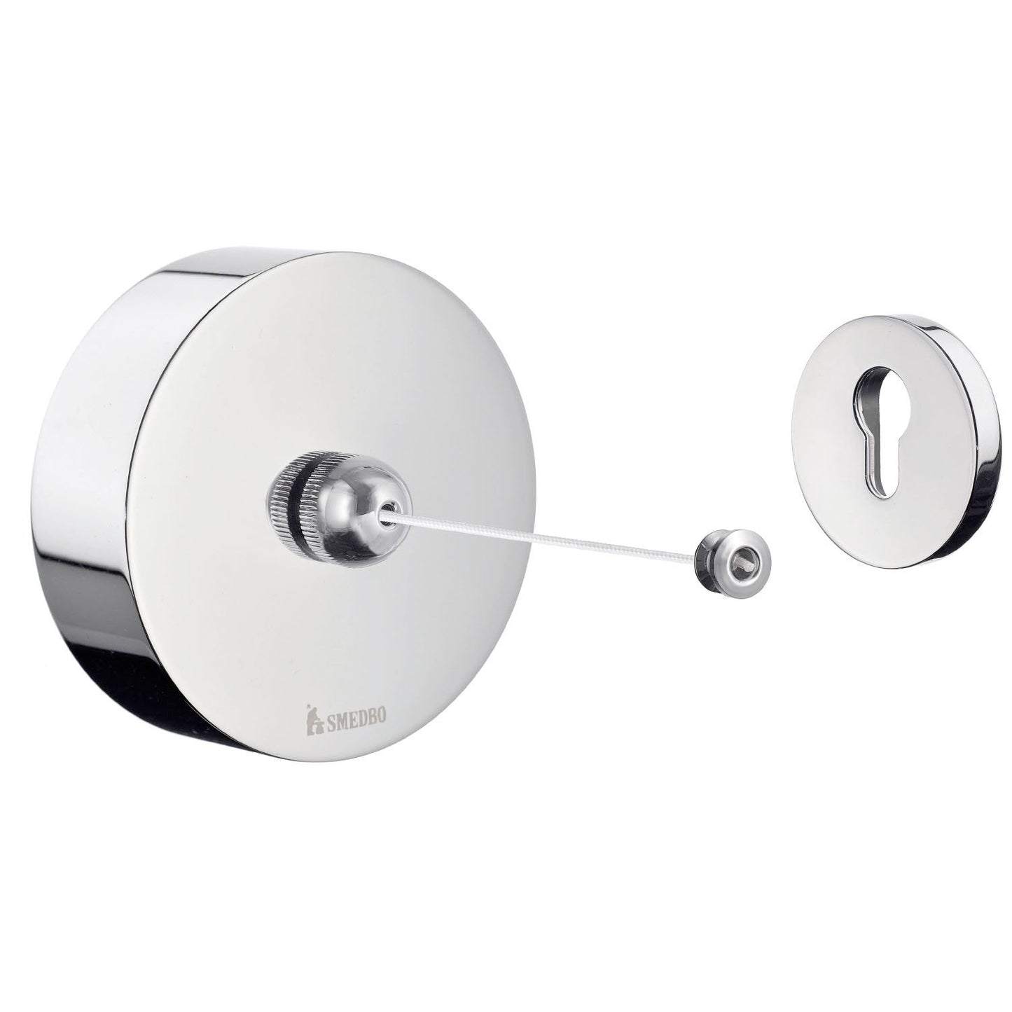 Smedbo Outline FK480 Retractable Clothes Line — Polished Chrome 90 mm Disc Reel Unit with Knurled Knob and Keyhole Receiver Plate, 2.5 m Nylon Cord