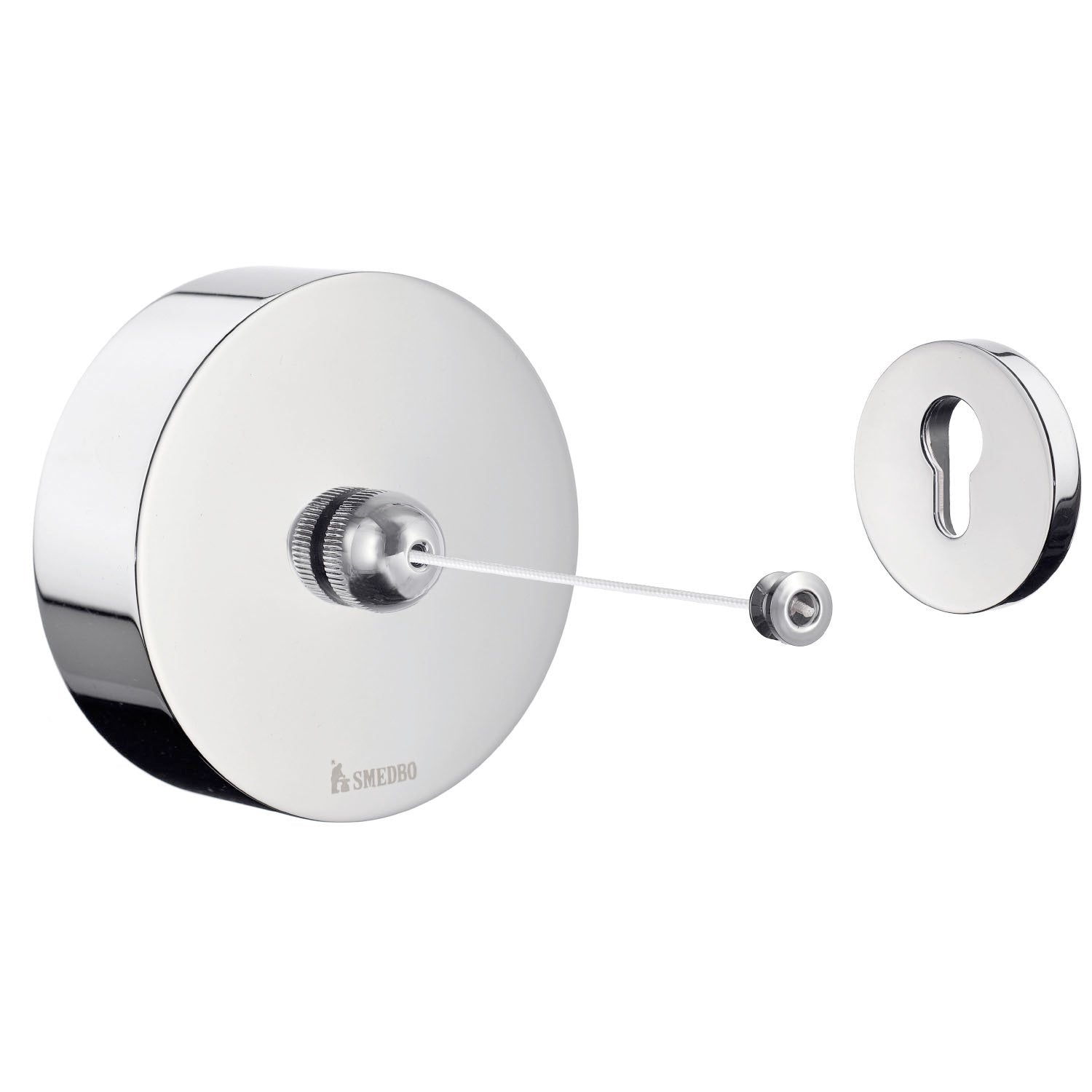 Smedbo Outline FK480 Retractable Clothes Line — Polished Chrome 90 mm Disc Reel Unit with Knurled Knob and Keyhole Receiver Plate, 2.5 m Nylon Cord