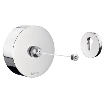 Smedbo Outline FK480 Retractable Clothes Line — Polished Chrome 90 mm Disc Reel Unit with Knurled Knob and Keyhole Receiver Plate, 2.5 m Nylon Cord