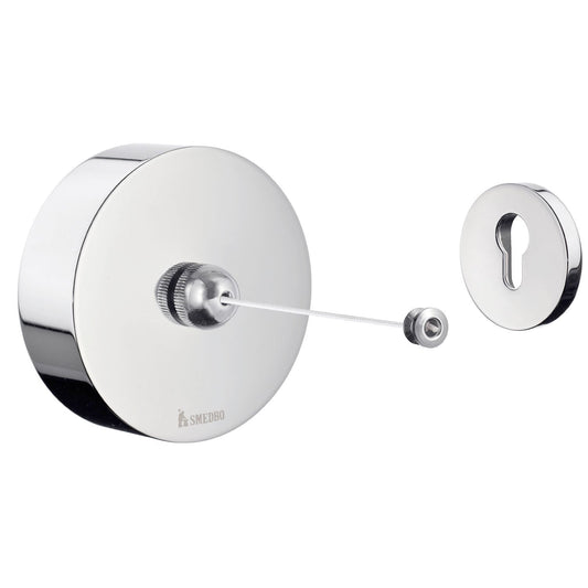 Smedbo Outline FK480 Retractable Clothes Line — Polished Chrome 90 mm Disc Reel Unit with Knurled Knob and Keyhole Receiver Plate, 2.5 m Nylon Cord